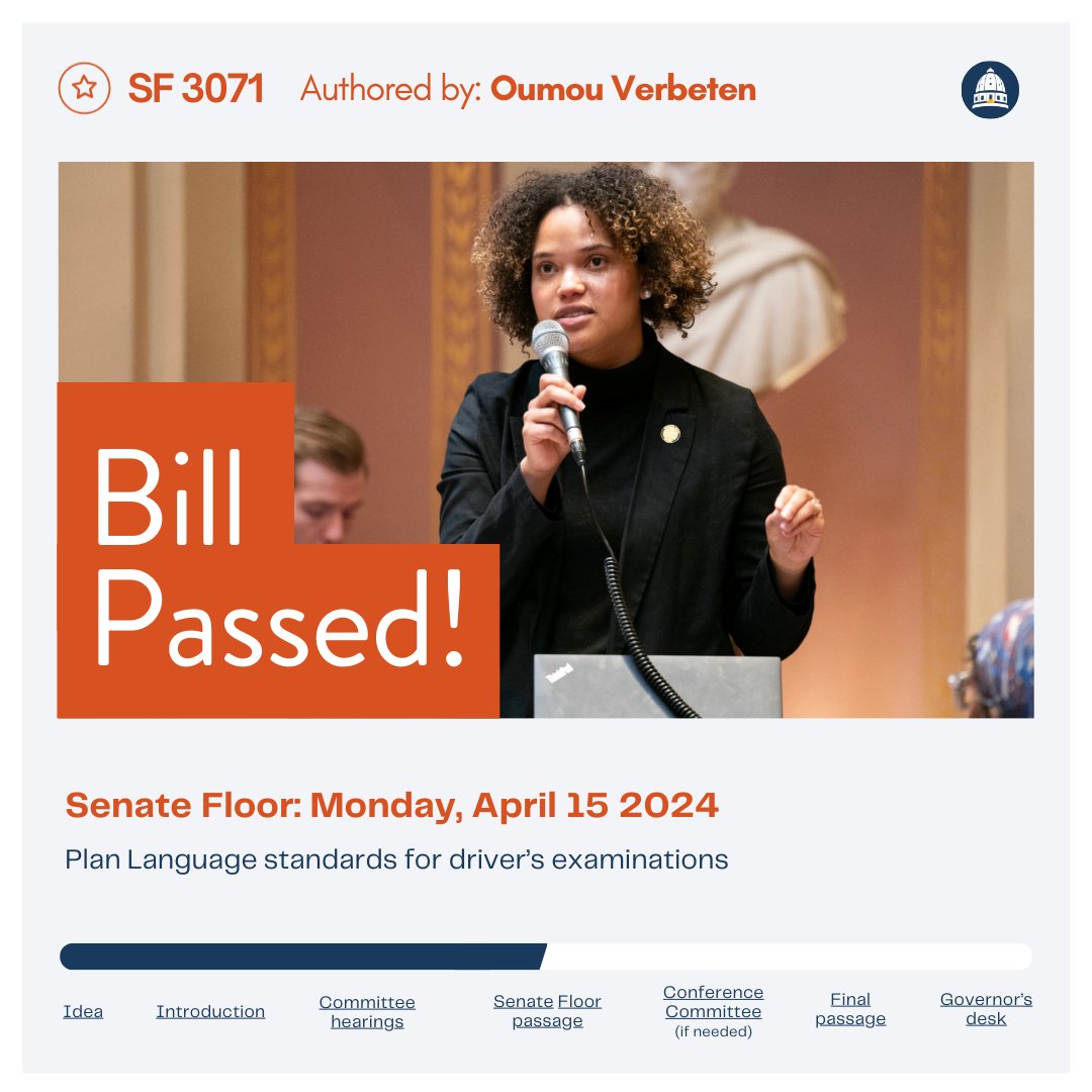 The Senate just passed SF3071 authored by @SenClareOumou which establishes plain language standards for written drivers exams, reducing barriers from unnecessarily complex or confusing language.