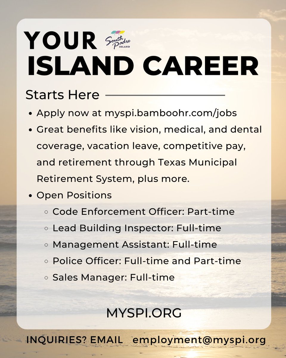 We're hiring! The City of SPI offers great benefits like vision, medical, and dental coverage, vacation leave, competitive pay, retirement through the Texas Municipal Retirement System, and more! #JoinTeamSPI at myspi.bamboohr.com/careers to view additional job openings and more!