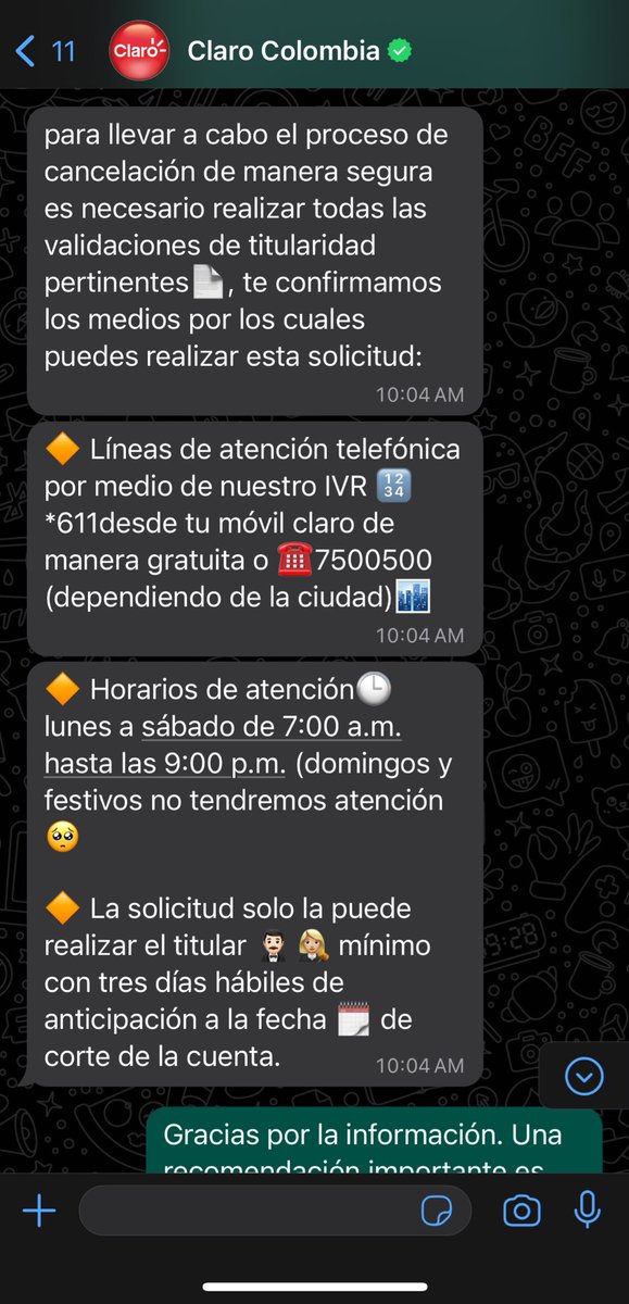 Elihrtadov's tweet photo. Intento No. 1 Cancelando la cuenta @ClaroColombia Hoy me comuniqué con el chat de WhatsApp de Claro Colombia para cancelar el servicio de Claro Hogar. Luego de 40 minutos respondiendo las preguntas del chat, me indican que ese no es un canal para realizar el proceso. 🤡 https://t.co/vP95geFLIB