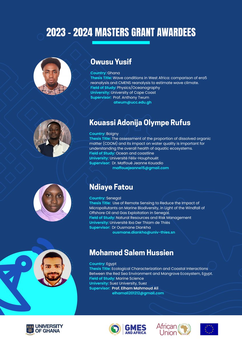 Part 2 of our grantee series. Meet the 4 outstanding recipients of the MarCNoWA Consortium's Masters Grants for the 2023-2024 academic year. These talented scholars are set to make waves in their fields! 🎓 Stay tuned for the 2024-2025 Call! @GMESAfrica @ug_gmes @UnivofGh