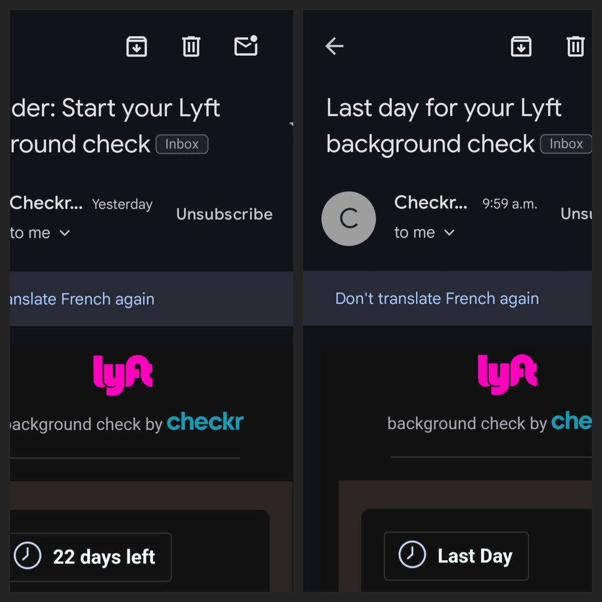 earlwithana's tweet photo. Oh here is another classic Lyft BS game.  Yesyerday I had 23 days to do my annual background check and today is the last day?  WTH? @davidrisher @sergioaved @AskLyft @lyft https://t.co/kKog7OsjAF