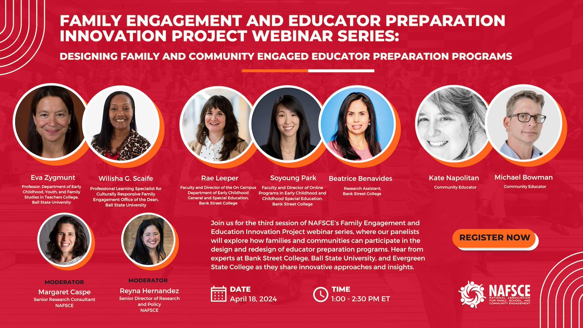 Register for @nafse 4/18 webinar! #BankStreet Rae Leeper, Soyoung Park, and Beatrice Benavides will discuss their focus groups with teachers, family, and community members that led to new ideas for our Early Childhood Special Education preparation program bankstedu.info/3xMnnGI