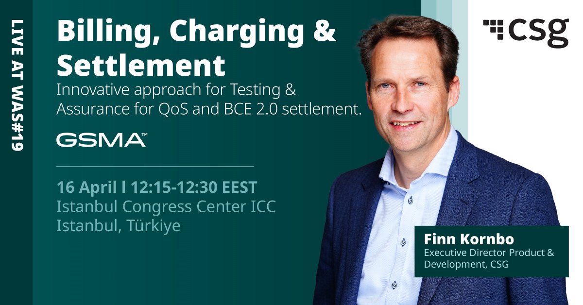 Hear Finn Kornbo, Executive Director Product & Development at CSG, participate in the panel session 'Billing, Charging & Settlement' tomorrow at GSMA WAS#19. If you're attending, add this to your schedule! 👉 spr.ly/6016wQeIq #Innovation #Billing