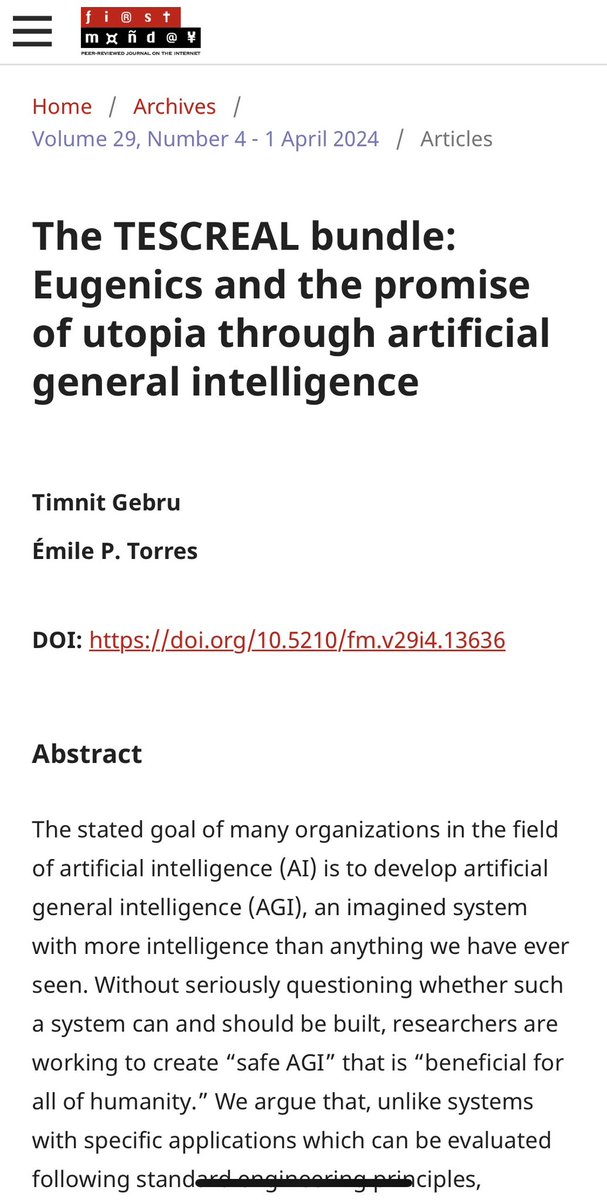 I’ve been waiting for this paper to drop like yall wait for the latest Kendrick or Bey hit! On eugenics and the promise of utopia through artificial general intelligence by @timnitGebru + @xriskology. <> firstmonday.org/ojs/index.php/…