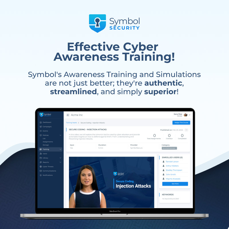 Unlock the power of effective Cyber Awareness Training with Symbol! Our incredible training, and our ease of deployment creates a winning and comprehensive defense. 
Elevate your security standards today: hubs.ly/Q02sVvcC0 

#Cybersecurity #AwarenessTraining #SymbolSecurity