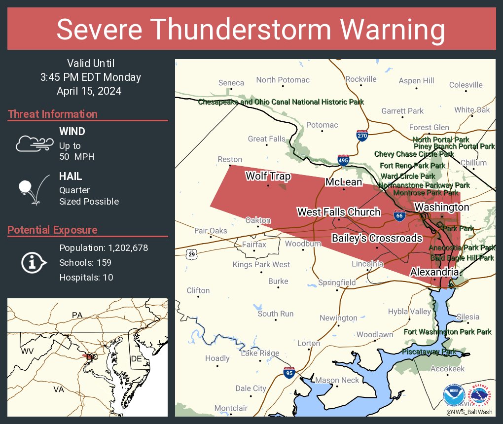 Severe Thunderstorm Warning including Washington DC, Arlington VA and Alexandria VA until 3:45 PM EDT