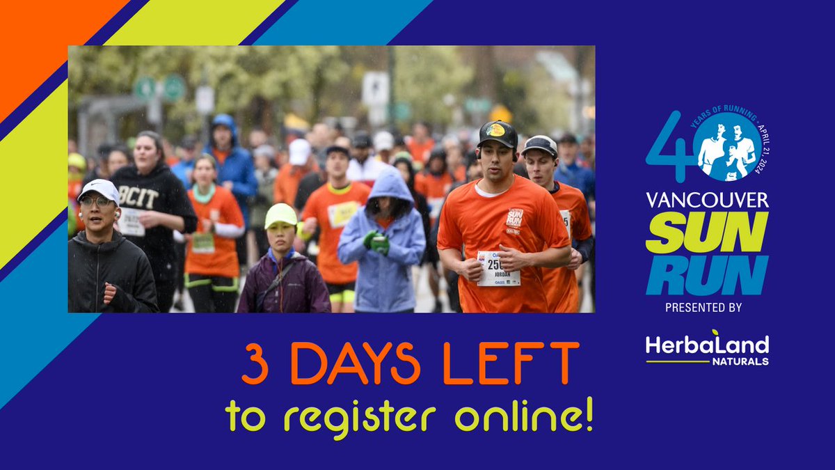 The deadline to register online is THIS THURSDAY at NOON! Join us at our 40th-anniversary #VanSunRun in downtown Vancouver this Sunday, April 21st! Register here: event.vansunrun.com/165340/register