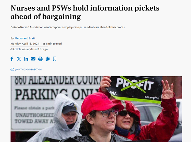 Despite rain last Friday, hundreds of RNs, NPs, RPNs, PSWs, guest attendants and community allies picketed at 38 for-profit nursing homes across Ontario. For-profit homes must prioritize staff-to-resident ratios! #CareNotProfit #FightLocal Read more: thepeterboroughexaminer.com/news/nurses-an…