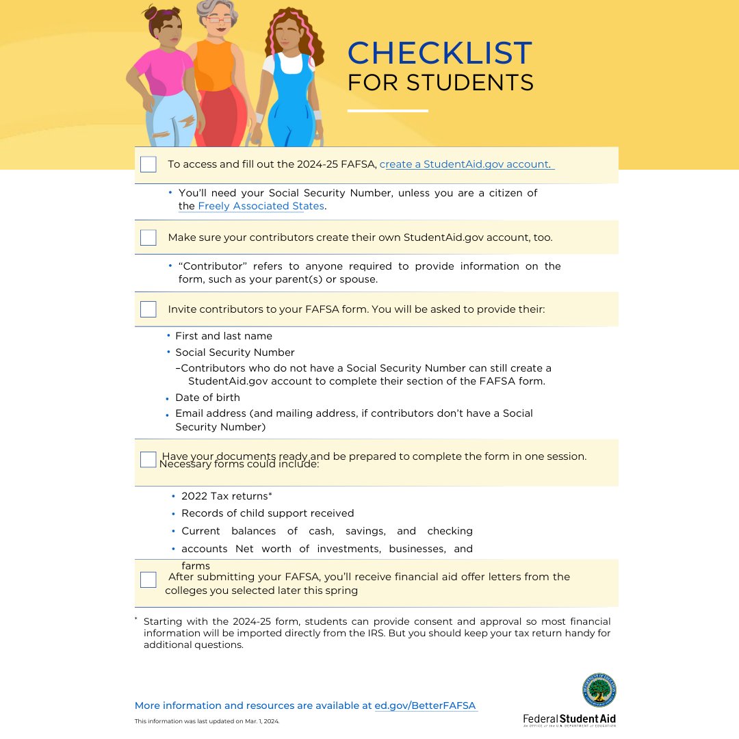 Now is the time for high school seniors and returning college students to submit their 2024-25 #FAFSA form. The #BetterFAFSA form takes many #students less than 15 minutes to complete and can unlock up to $7,395 in #federalaid for college that does not need to be repaid. #college