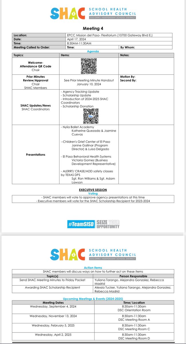 See you this Wednesday for the final SHAC meeting of the 2023-2024 school year ⏰ 8:30 AM 📍EPCC Mission Del Paso-Flexitorium ☕️ Breakfast will be provided