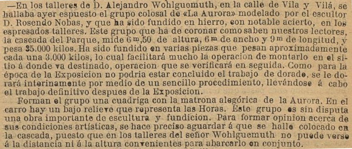 Fa #136 anys la foneria d'A. Wohlguemuth, situada al carrer Vilà i Vilà del #PobleSec, fou l'encarregada de fondre l'escultura de la Quadriga de l'Aurora de Rosend Nobas i que se situaria a la cascada de la Ciutadella. Font: Diario de Barcelona (07/05/1888)