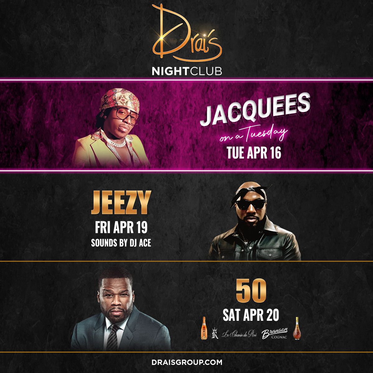 Another week another chance for you to party at Drai's Nightclub 🍾 ✨ Tue - @Jacquees Fri - @Jeezy Sat - @50Cent Get your tickets now at buff.ly/49sLSpR 🎫 #OnlyatDrais