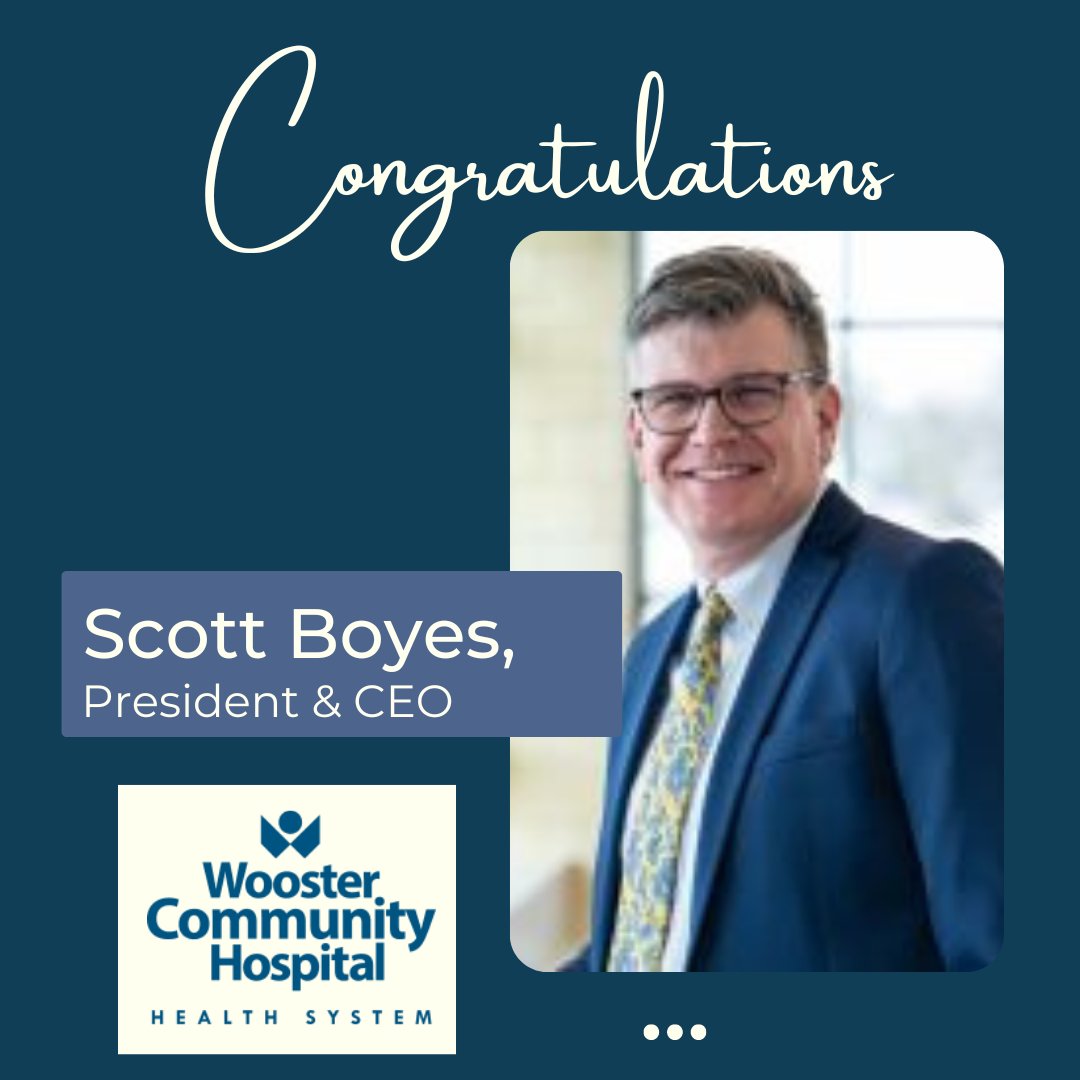 Congratulations to Scott Boyes on his new position as CEO of @WoosterHospital, pending the retirement of Bill Sheron. Boyes, who's been with Wooster Community Hospital for 25 years, will step into his new role, once a new CFO is hired. Congrats, Scott!
