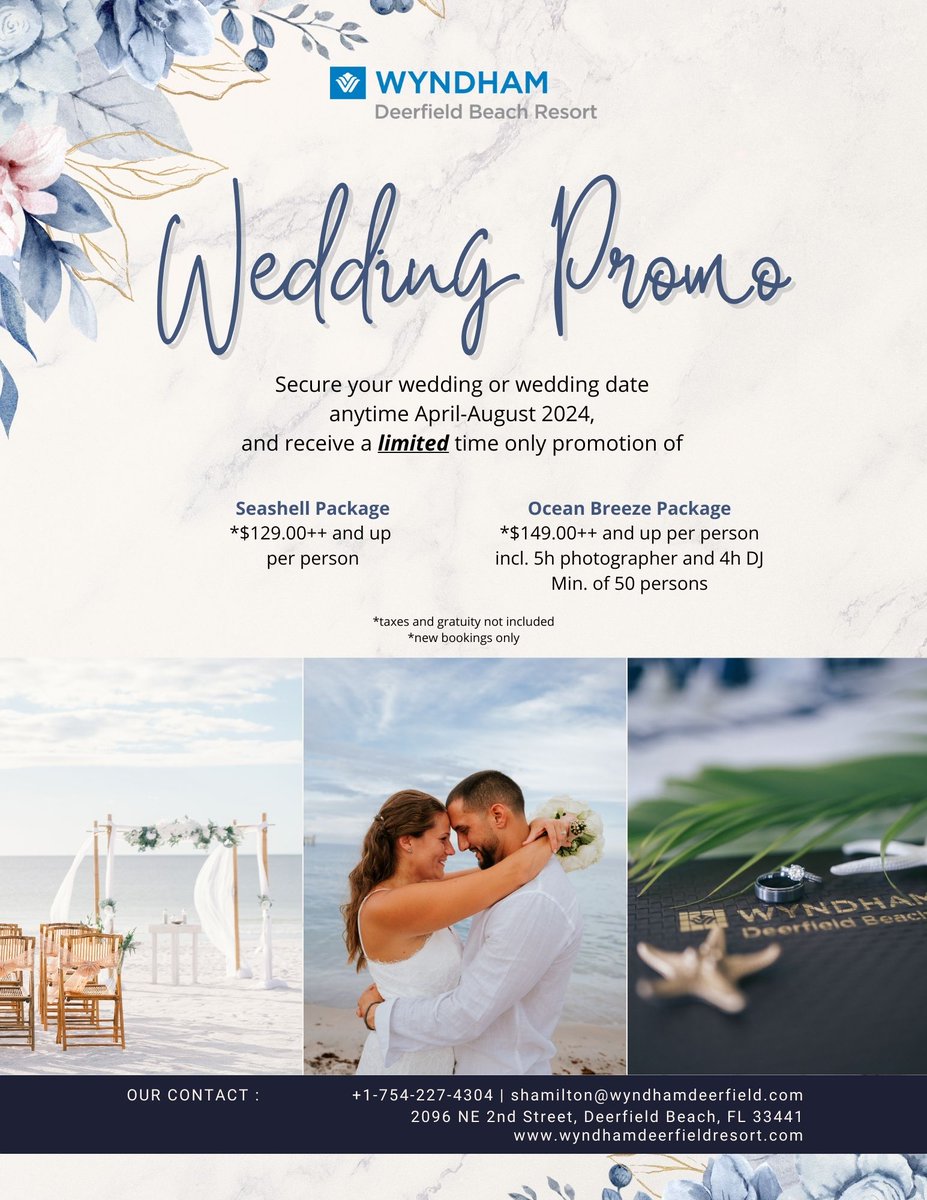 Start your forever at the WDBR. 💍  For more info on the promo and availability, contact our Catering Sales Manager at 754-227-4304. 

#destinationwedding #weddingvenue #brideandgroom #wyndham #deerfieldbeach #everyoneunderthesun #bocachamber #ftlchamber