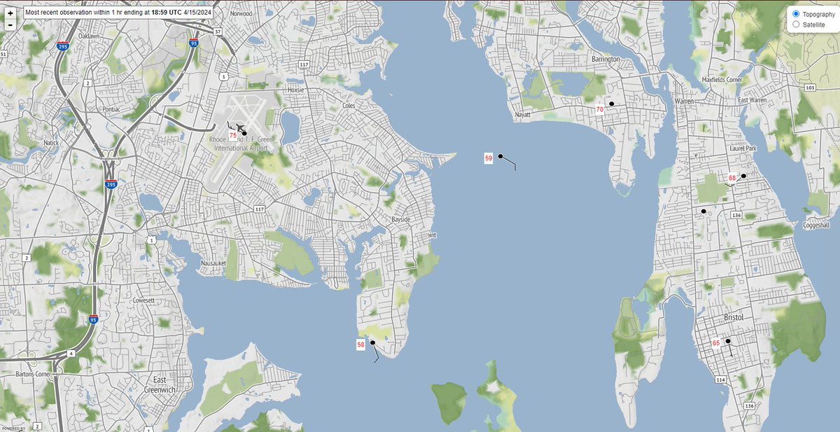 The sea breeze is doing funny things again...75° at TF Green but less than 4 miles away, 58° on Warwick Neck!