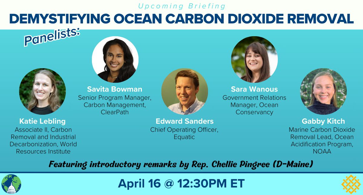 Tomorrow, EESI & World Resources Institute (WRI) briefing on ocean CDR. Panel: @ktlebling, @WorldResources @Savvy_Bowman, @ClearPathAction Edward Sanders, @equatic_tech @SWanous, @OurOcean Gabby Kitch, @NOAA With intro remarks by Rep. @chelliepingree RSVP: eesi.org/briefings/view…