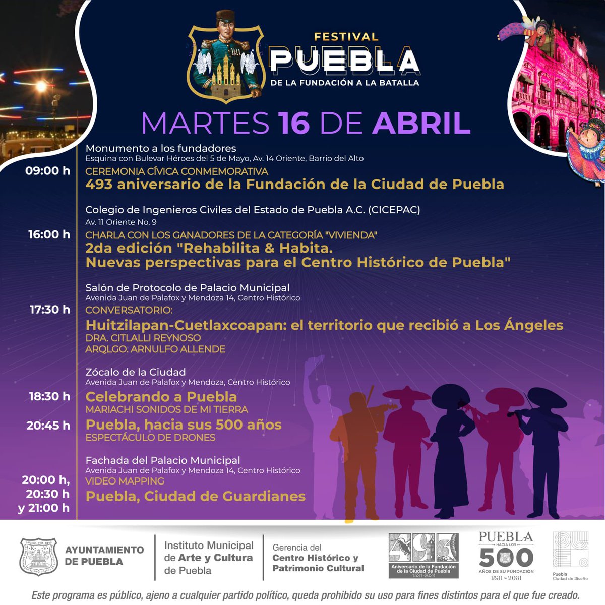 ℹ️ Informamos las actividades que se llevarán a cabo el día martes 16 de abril dentro del “Festival Puebla. De la fundación a la batalla”. ¡Entrada libre! Programa: bit.ly/3UbGyCD