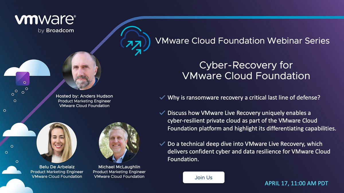 Join us live on April 17 to discuss how VMware Live Recovery uniquely enables a cyber-resilient #private #cloud as part of the VMware Cloud Foundation platform. Register now using this link: register.gotowebinar.com/register/55932…