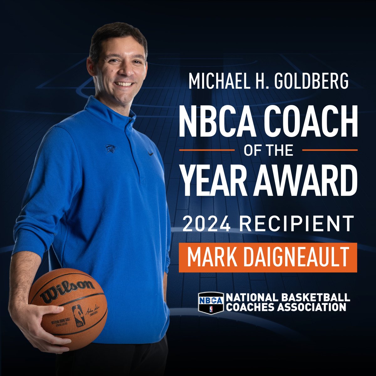 @okcthunder Head Coach, Mark Daigneault has been named the 2024 recipient of the Michael H. Goldberg NBCA Coach of the Year Award. Official Release: nbacoaches.com/mark-daigneaul…