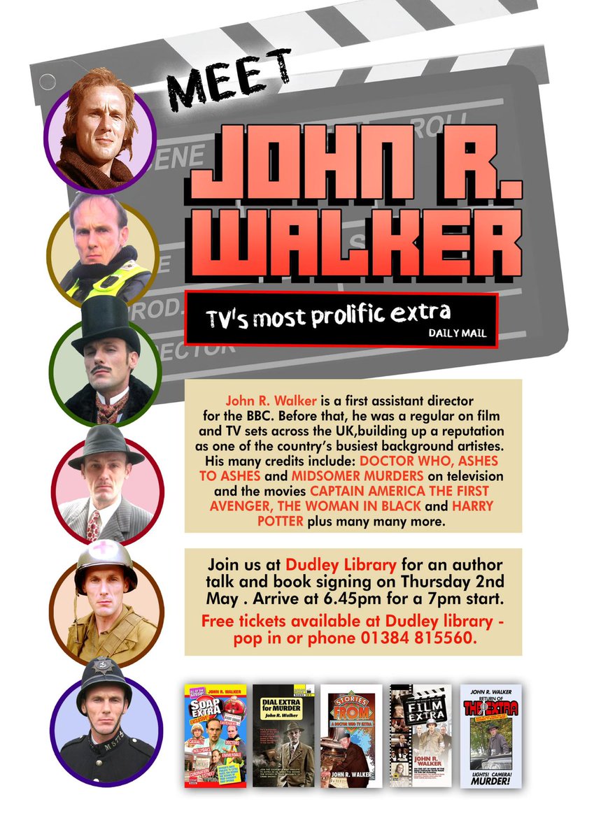 Join us for an evening with TV & Film Extra John R. Walker at Dudley Library Thursday 2nd May 7pm-9pm. Step into a fascinating world of life behind the scenes of a TV & Film Extra. Free tickets available at Dudley Library. Pop in or call 01384 815560