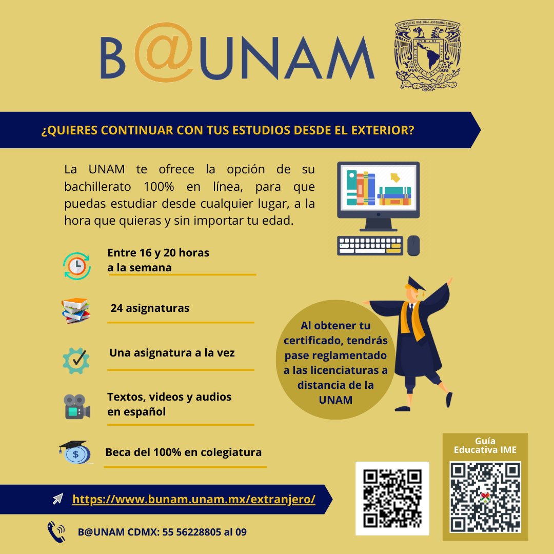 ¿Quieres continuar con tus estudios desde el exterior? ¡Estudia tu bachillerato en la UNAM!

Te invitamos a consultar las convocatorias que B@UNAM 2024 tiene para ti. Para más información revisa el siguiente link: bunam.unam.mx/extranjero/

#BUNAM #EducaciónIME @BUNAM_mx