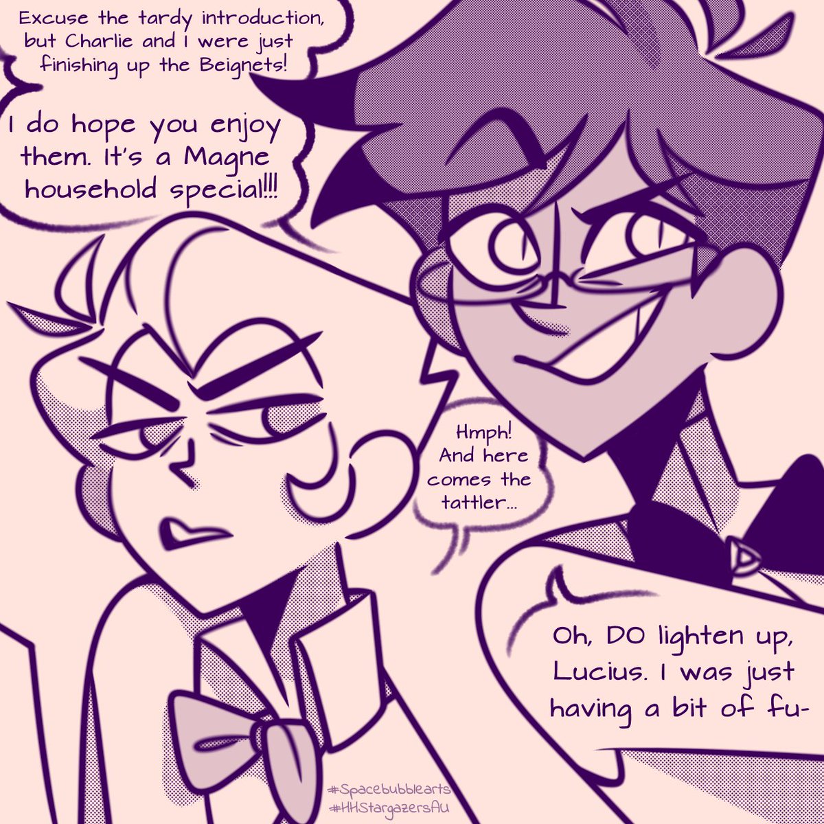 SpaceBubble1's tweet photo. (Pt.3) Yes. I have plot. Just you wait. We're barely scratching the surface of this AU. #HHStargazersAU #Spacebubblearts #worldbuilding #letmecook #chaggie #radioapple #HazbinHotel #fanart #myart #fluff #humor #whyisdrawinghard #backspace #howtotag #search #ohwait #thisisntgoogle https://t.co/sxZbrDKi6r