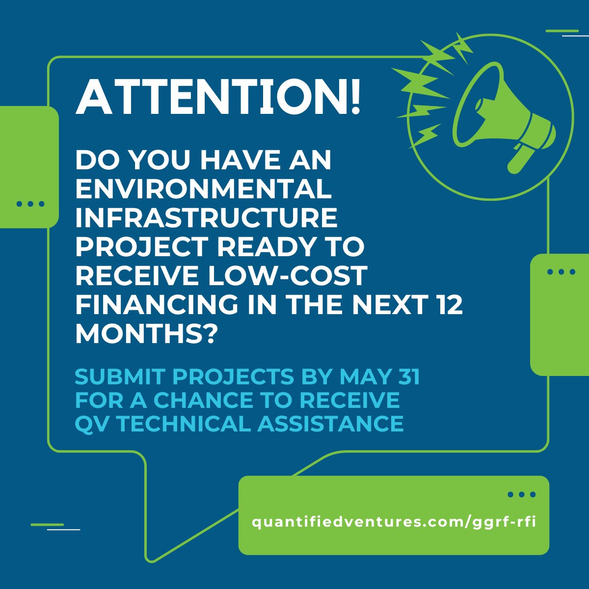 We're launching a national RFI to build a pipeline of enviro infrastructure projects to receive investment from the EPA’s $20B Greenhouse Gas Reduction Fund. Selected projects will receive tech assistance + transaction structuring from QV! Submit by 5/31: quantifiedventures.com/ggrf-rfi