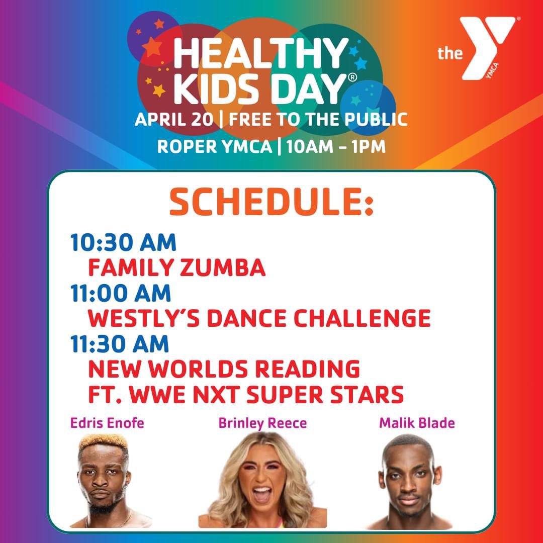 Excited to have #WWENXT’s @brinleyreecewwe, @Edris_Enofe and @MalikBladeWWE come out to the Roper YMCA this Saturday for Healthy Kids Day and the New Worlds Reading Initiative. Will be a good time! Pre-register: ymcacf.org/event/healthy-… #WWE