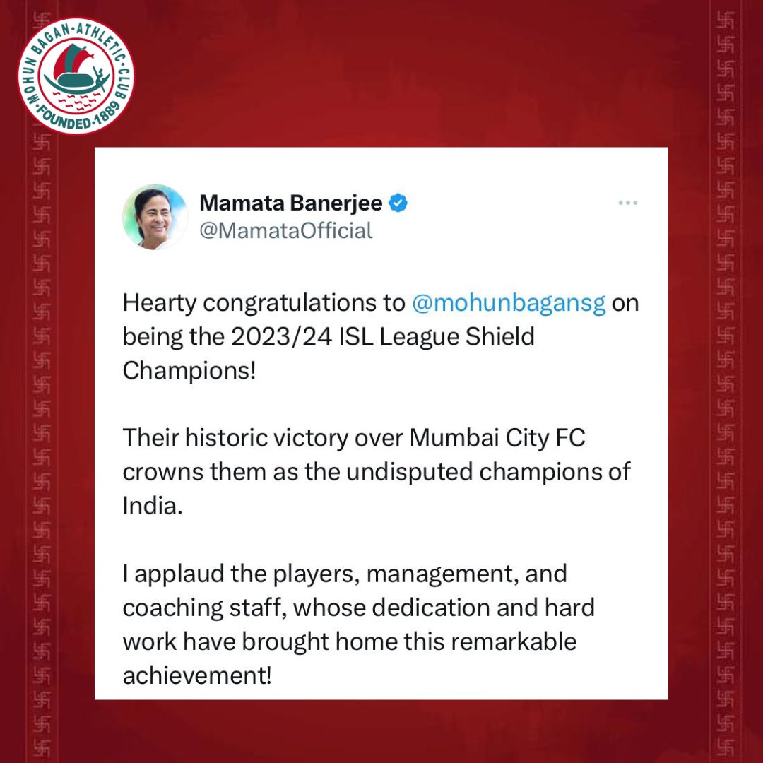 Thanking Our Honourable Chief Minister for your constant support and wishes. 🙏🏻🙏🏻 A moment of Joy! Happiness and Pride! We are the Champions! 💚♥️ #MohunBagan #MohunBaganAthleticClub #MBAC #MB #Champions #ISL2024 #ISL #IndianSuperLeague #IndianSuperLeague2024