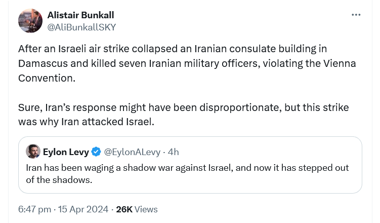 As we all know, and if we don't surely Sky's 'Middle East Correspondent' can assure us, everything was sweetness, cupcakes, and butterflies between Israel and Iran before the strike. Bad Israel. All those commanders wanted to do was kill more Jews. What's the problem with that?