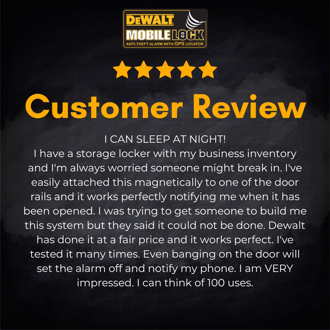 𝐖𝐨𝐫𝐫𝐢𝐞𝐝 𝐚𝐛𝐨𝐮𝐭 𝐲𝐨𝐮𝐫 𝐢𝐧𝐯𝐞𝐧𝐭𝐨𝐫𝐲? ⭐⭐⭐⭐⭐ reviews tell the story.  The DS600 MOBILELOCK lets owners like Daniel finally sleep at night knowing his storage locker is secure. dewaltmobilelock.com/pages/testimon…

Get yours today!  #security #portablealarm