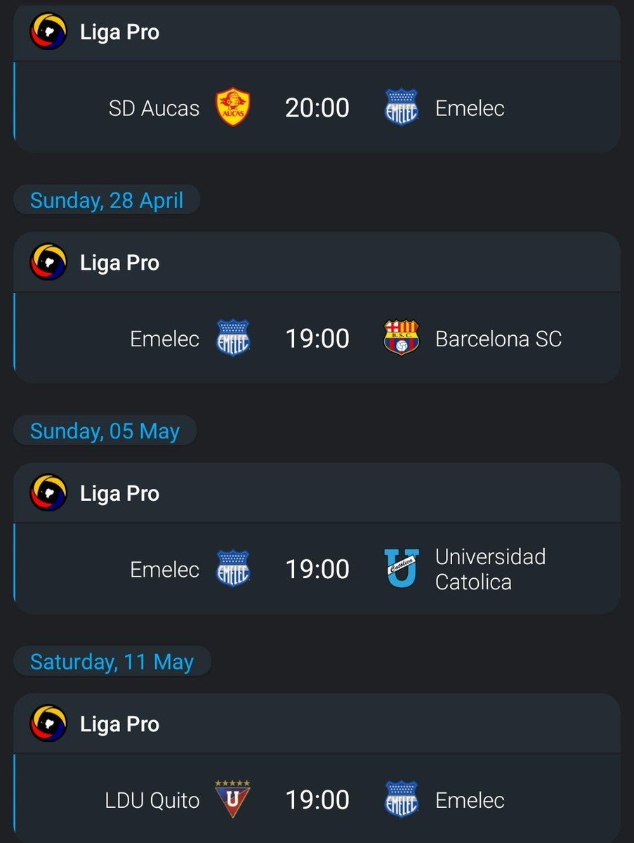 Bueno Pueblo Emelecista, Vengo a realizar un Hilo sobre los siguientes 4 Partidos de Emelec ante: Aucas, Barcelona, Católica y Liga , Espero que les guste y me apoyen con un Like y un RT 🥲, Abrazo.