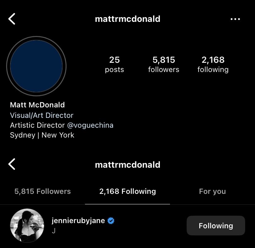📝 240416 Vogue China artistic director Matt McDonald has recently followed #JENNIE on Instagram
