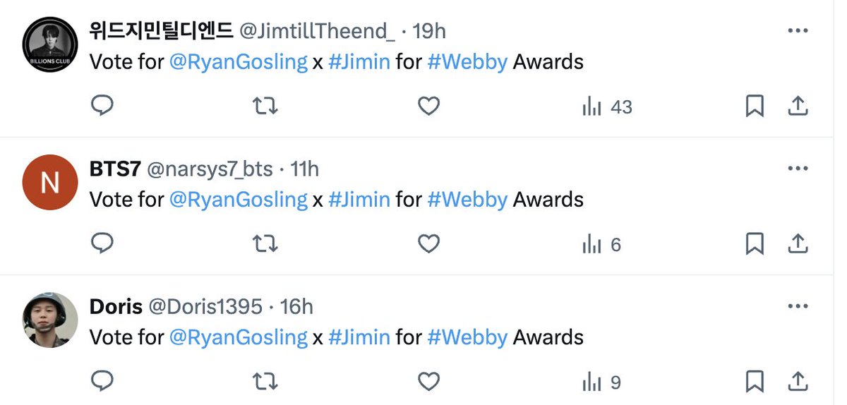 TheWebbyAwards's tweet image. ARMY does not play around when it comes to supporting #Jimin to win a #Webby ! 
🚨 LAST 3 DAYS TO VOTE! Show your ♥️ by voting for him here 👉 wbby.co/4aECL6p

#ParkJimin #BTSARMY @bts_bighit