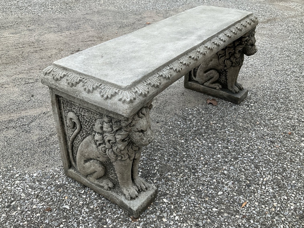 This cast stone garden bench with lion supports in incredible. It is available currently in our Patio Sale with online bidding through BriggsAuction.com and our mobile app. The sale ends on Thursday so don't miss out! #FinditatBriggs #PatioSzn #GardenDecor