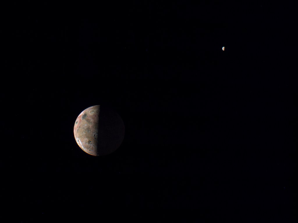 Images from the latest #JunoMission pass of Jupiter are now available at missionjuno.swri.edu/junocam/proces… The second view captures Jupiter's moons Io and Europa. Image processed from raw JunoCam data by Kevin M. Gill.