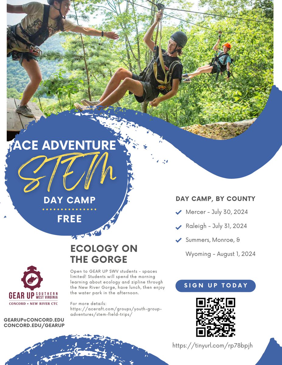 It's time to to sing up for a summer STEM adventure with the GEAR UP SWV Adventure STEM Day Camp! Make sure to sign up quick because spots fill up fast! Register using the QR code below or using this link: apps.concord.edu/forms/view.php… .   #GEARUPSWV #GEARUPworks