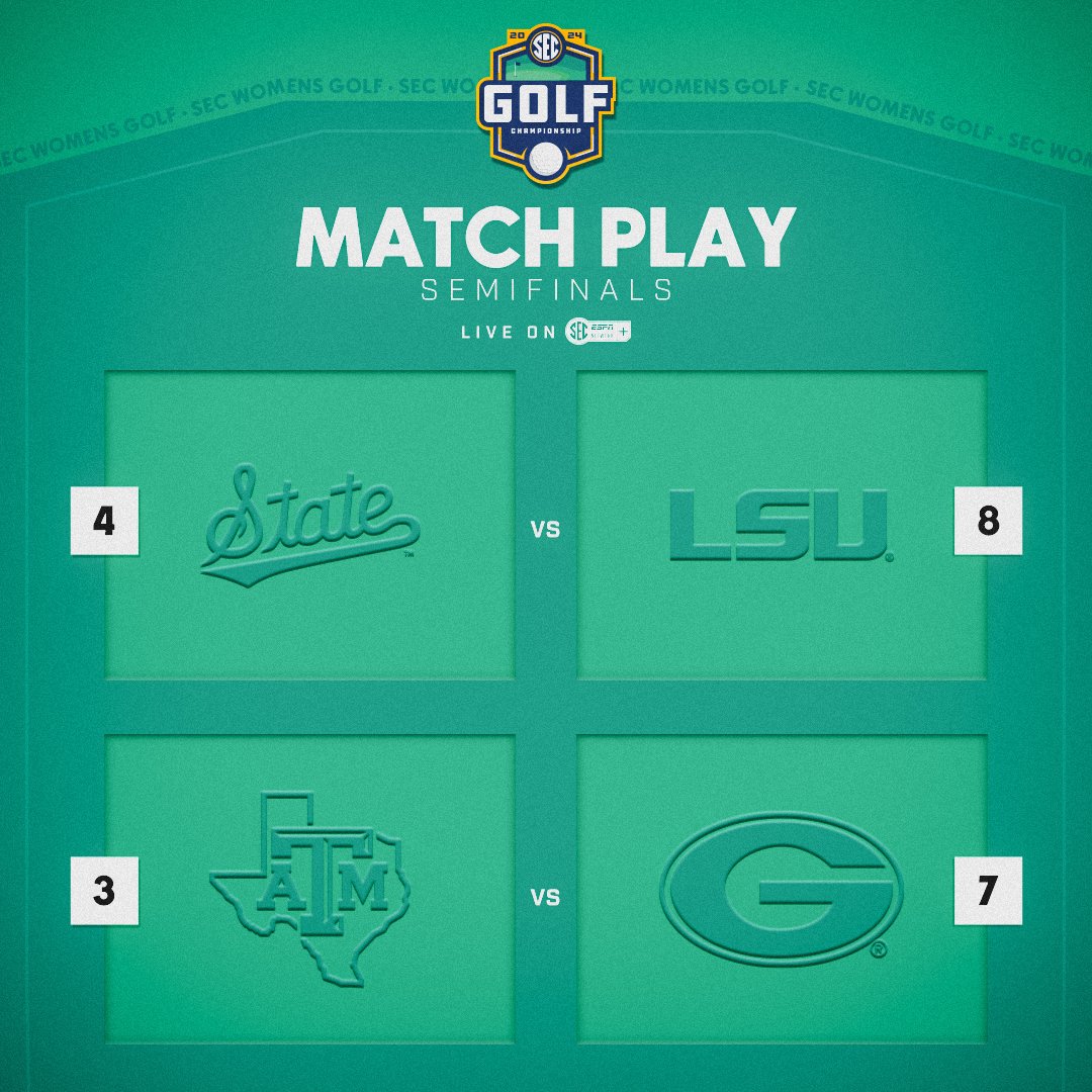 Everyone's on the course battling for a spot in the title match!

No. 4 @HailStateWG vs. No. 8 @LSUWomensGolf 
No. 3 @aggiewomensgolf vs. No. 7 @UGAWomensGolf 

⛳️ SECSports.com/WGolfChamp
📊 secsports.social/WGolfStats
📺 secsports.social/WGolfSECN

#SECGolf x #SECChampionship