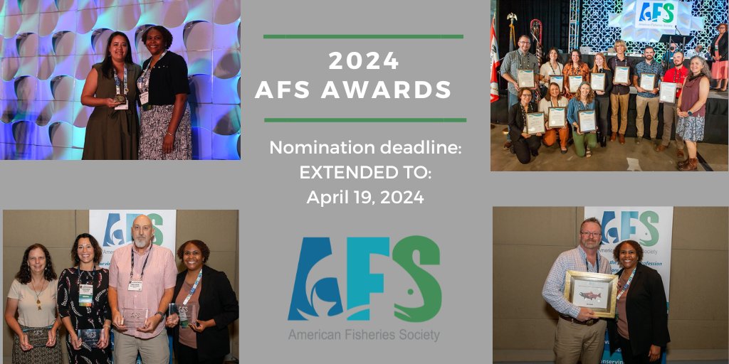 Important reminder: Award nominations are due this Friday, April 19. Don't miss this chance to recognize inspiring professionals in fisheries! Learn more: fisheries.org/about/awards-r… #AFS154