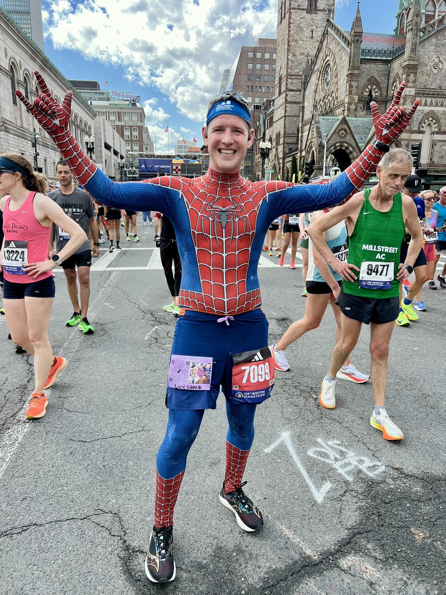 Daniel Farrar completed the Boston Marathon in a Spider-Man suit to raise money for cystic fibrosis, which his six year-old daughter, Lucy, battles. “She’s doing great, so I do everything that I can to raise funds and awareness and support,” said Farrar, who finished in 3:46:38