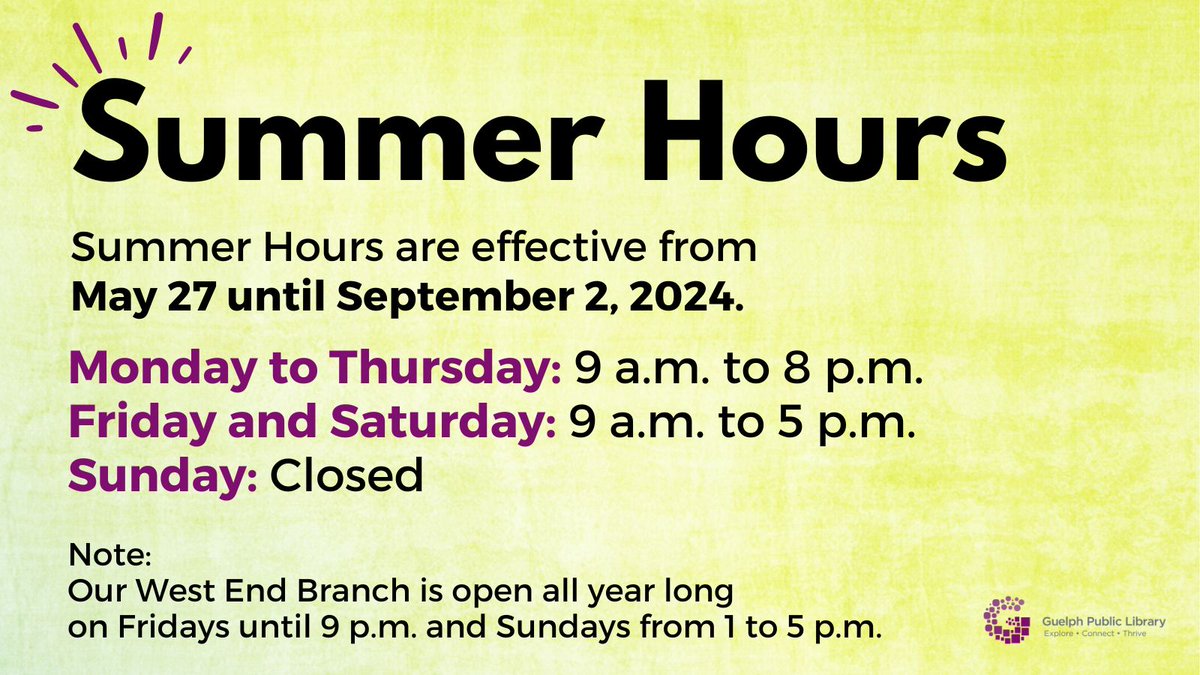 Guelph Public Library summer hours start this Monday, May 27, 2024. Learn more ➡ guelphpl.ca/news