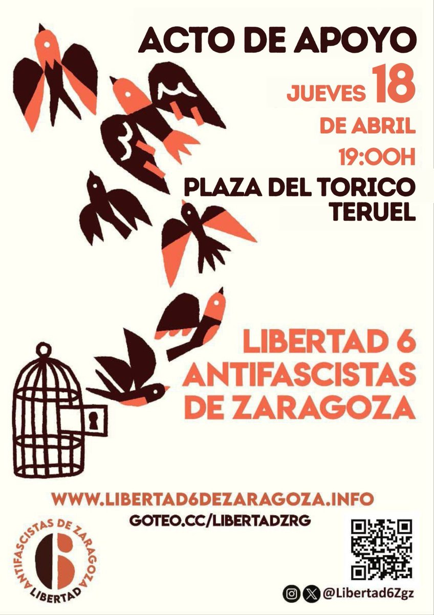 ‼️ La entrada en prisión de 4 jóvenes de Zaragoza que participaron en una protesta contra la celebración de mitin de extrema derecha es inminente. 💬 Este jueves realizaremos un acto de apoyo en Teruel, donde reclamaremos su libertad y exigiremos al gobierno su inmediato indulto.