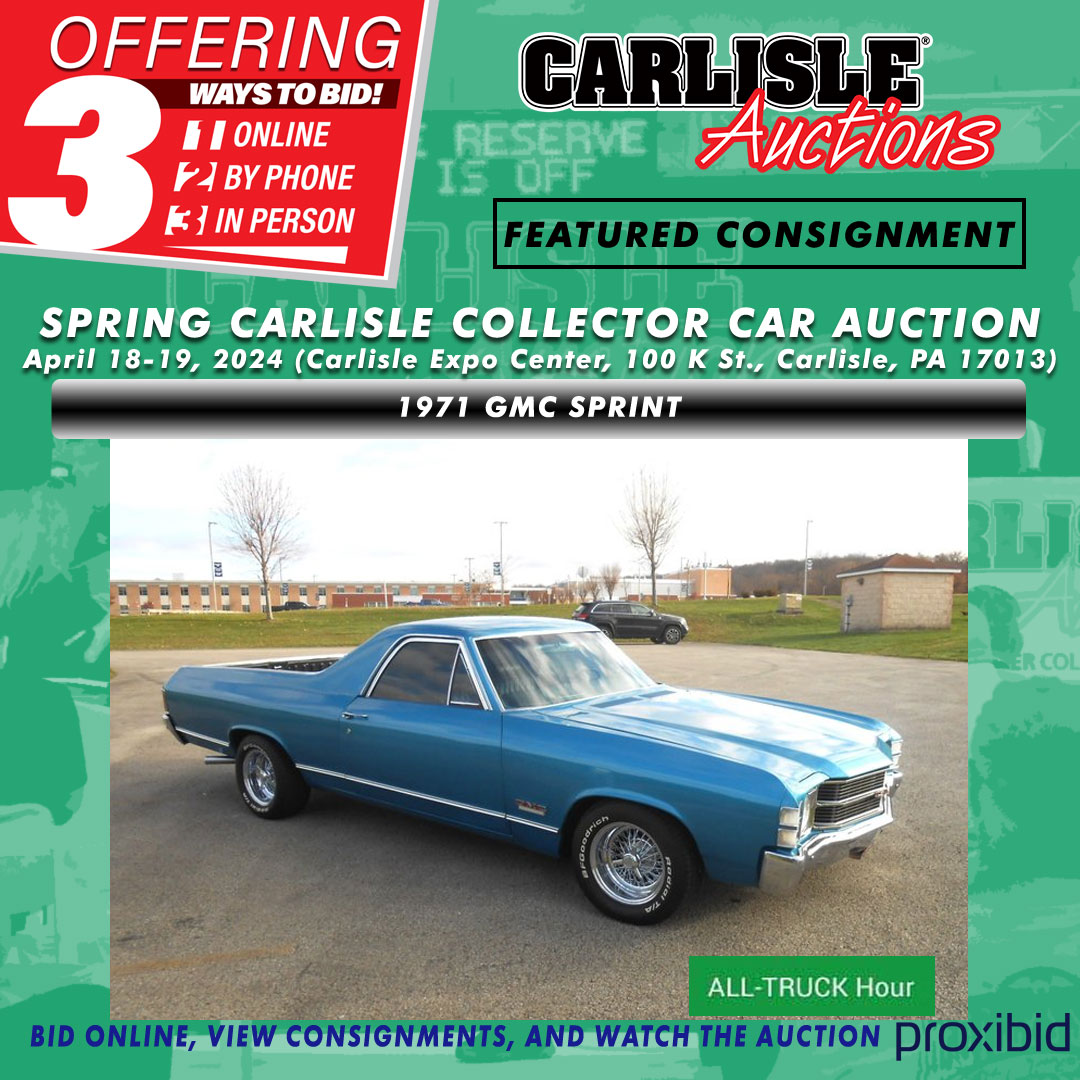 This 1971 GMC SPRINT would make for a great show-worthy driver. Turn heads at your local cruise in this summer or even show at the GM Nationals. Call 717-960-6400 to learn more and make your plans for April 18-19 at the Carlisle Expo Center. bit.ly/3PW4iIq