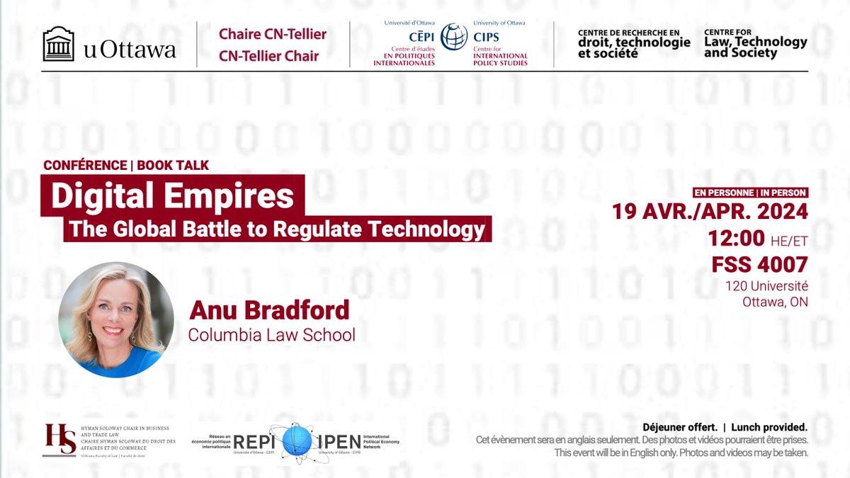 Rejoignez-nous le 19 avril pour une conversation avec la professeure @anubradford sur les approches réglementaires du numérique et sur la manière dont les gouvernements et les entreprises technologiques gèrent les inévitables conflits. ℹ️/🎟 uottawa.ca/recherche-inno…