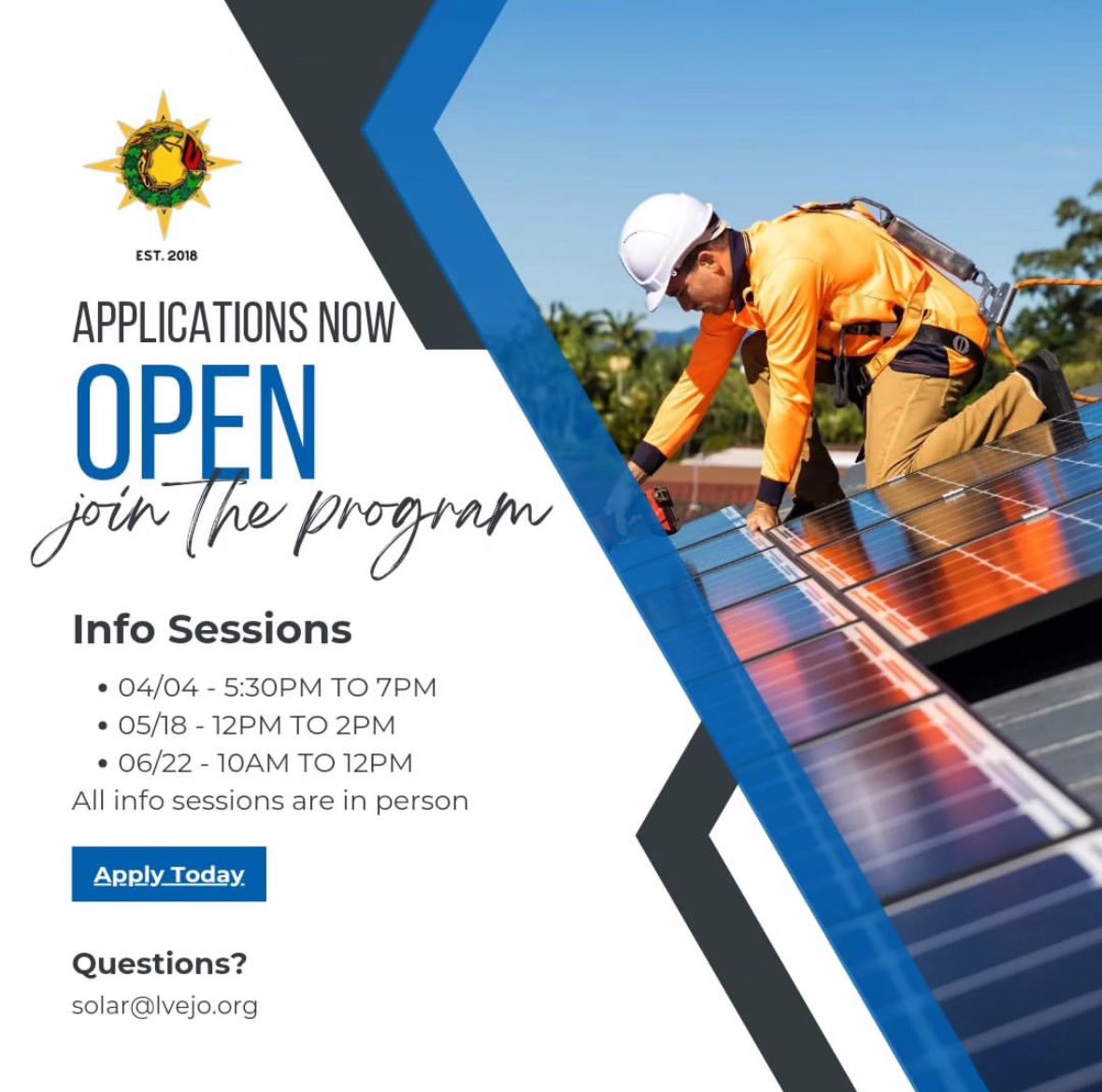 Lvejo solar is happy to announce that the 2024 Solar Training Application is now open! Link here: forms.gle/fHNAtwgEgg2xyv… 🌻 Apply by June 22nd ☀️Classes start August 5th and end November 22nd ☀️Monday - Thursday 9am - 12pm ☀️An info session is mandatory- NEXT SESSION IS MAY 18!