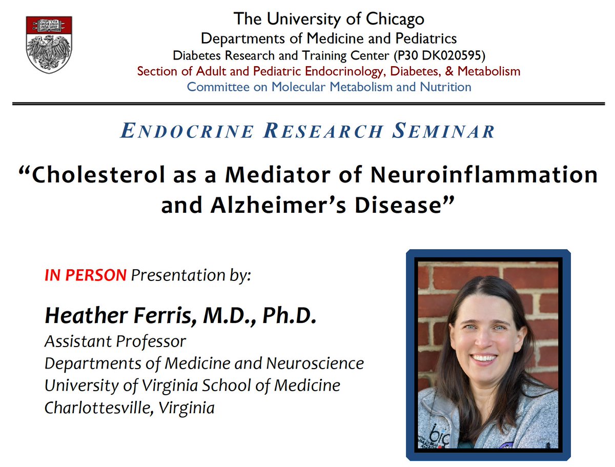 Join us as Dr. Heather Ferris presents 'Cholesterol as a Mediator of Neuroinflammation and Alzheimer's Disease.'

Mon, Apr 15
5 pm CT
In Person & On Zoom - DM for link