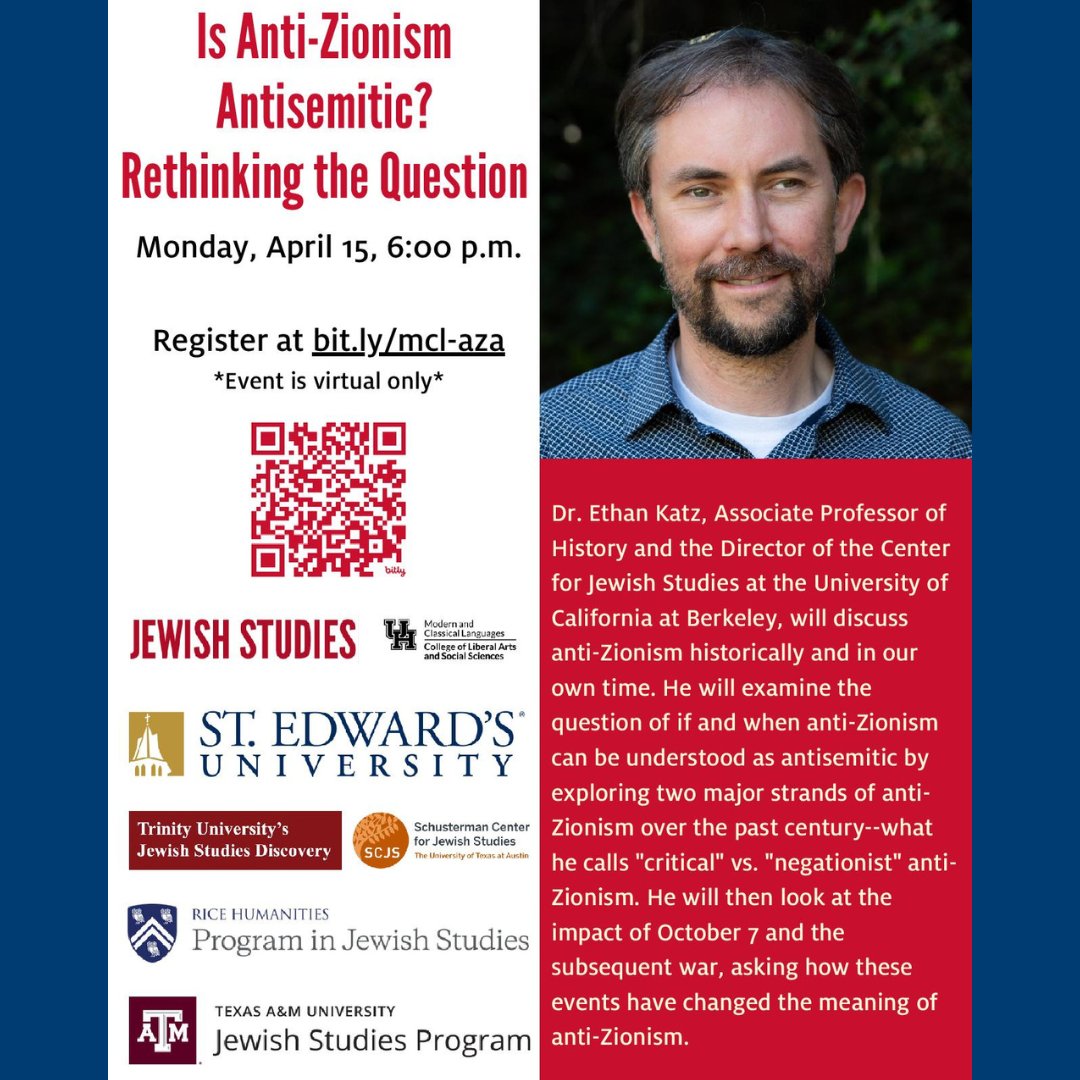 Join us today for a discussion by Dr. Ethan Katz, Is Anti-Zionism Antisemitic? Rethinking the Question. #TAMU #tamuartsci #tamuglac