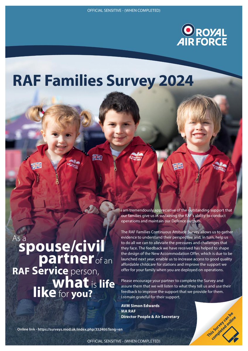 RAF Families Survey 2024 Survey closes on 22 Apr online so there's time to take part and ensure your families views are heard If you haven’t been included in this year’s sample to complete and would like to share your views take this short survey 👇 ow.ly/e58650Rgx4G