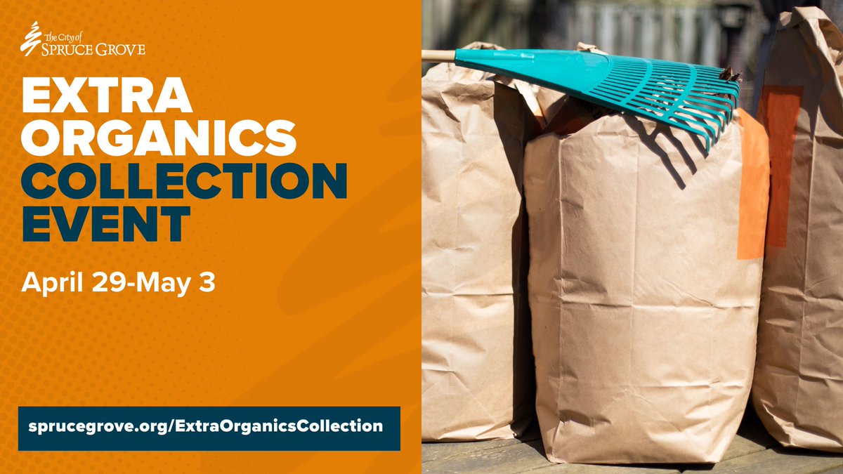 #SpruceGrove extra organics collection event will be April 29 – May 3. The event happens 4 times a year to dispose of extra yard waste. Materials must be placed out on your regular waste collection day in brown paper lawn & yard waste bags. sprucegrove.org/ExtraOrganicsC…