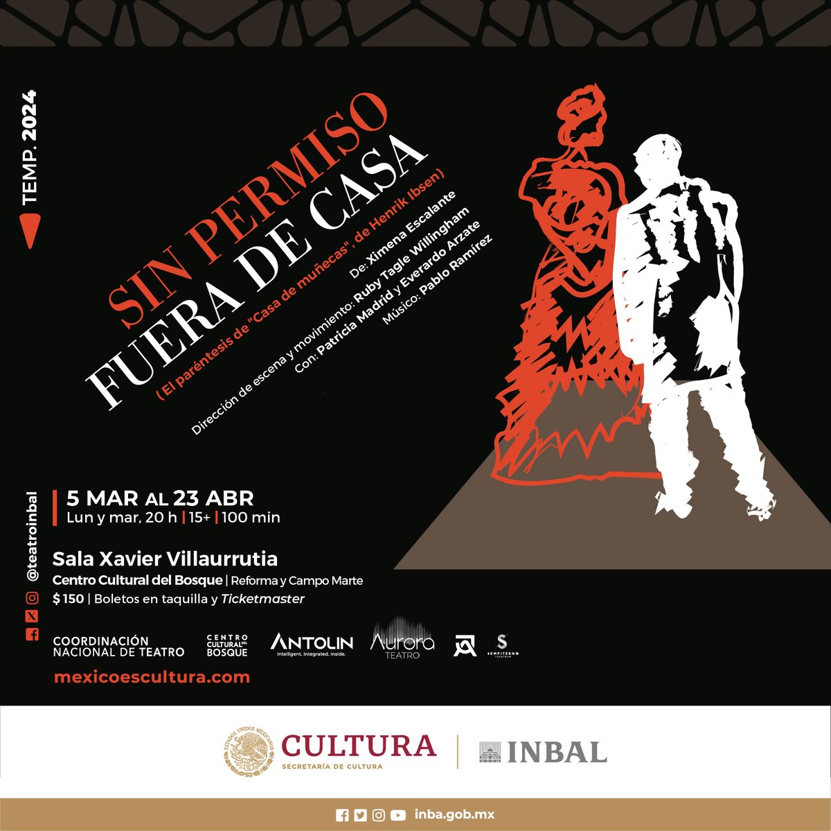 ¡Últimas semanas! “Sin permiso fuera de casa” (El paréntesis de Casa de muñecas, de Henrik Ibsen) 📅Hasta el 23 de abril Lunes y martes 20 h Edad recomendada: 15+ Duración aproximada: 100 min 🎟️Entrada $150. Descuentos habituales acortar.link/VN91lY 📍Sala Xavier Villaurrutia